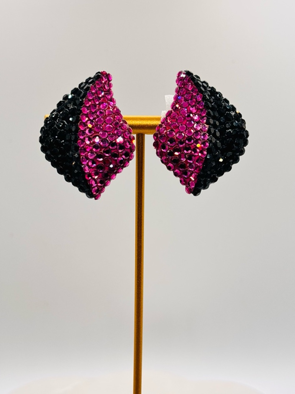 Vintage Richard Kerr Pink & Black Rhinestone Clip Earrings Glam Statement